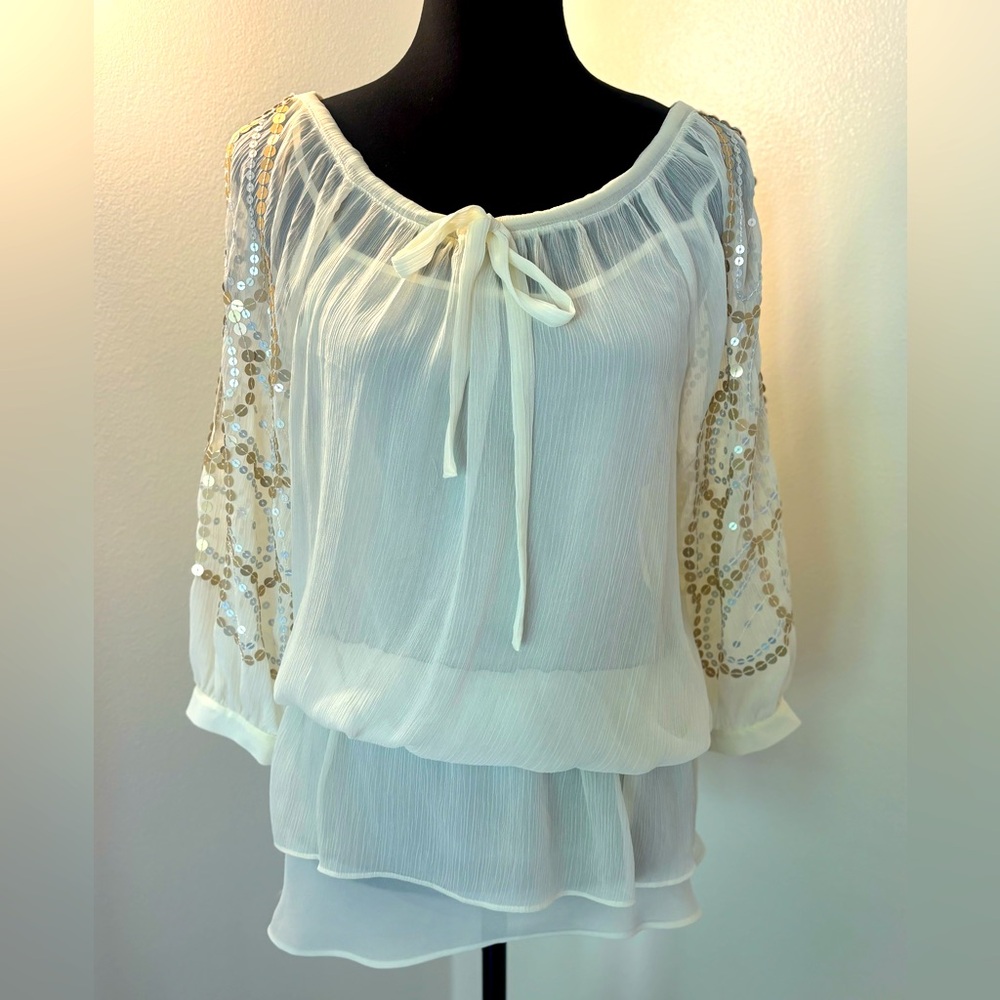 Sheer with open sleeves and matte sequins attached camisole.